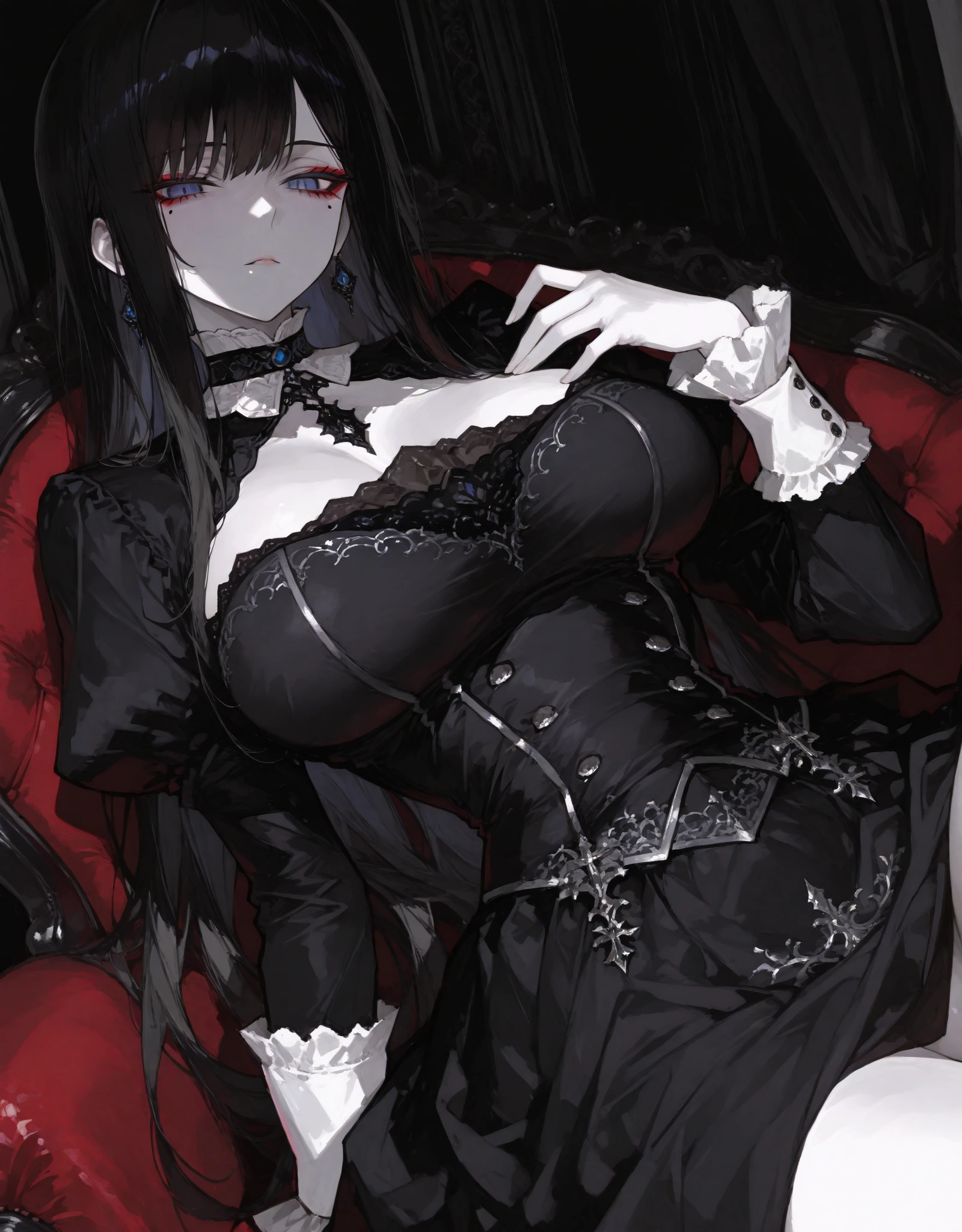 Girl with modern gothic makeup, fair skin, modern clothes, black eyeshadow, camisole, sexy figure, earrings and lip studs, fishnet stockings, posing in an attractive pose, kneeling on the floor, with a lovable expression