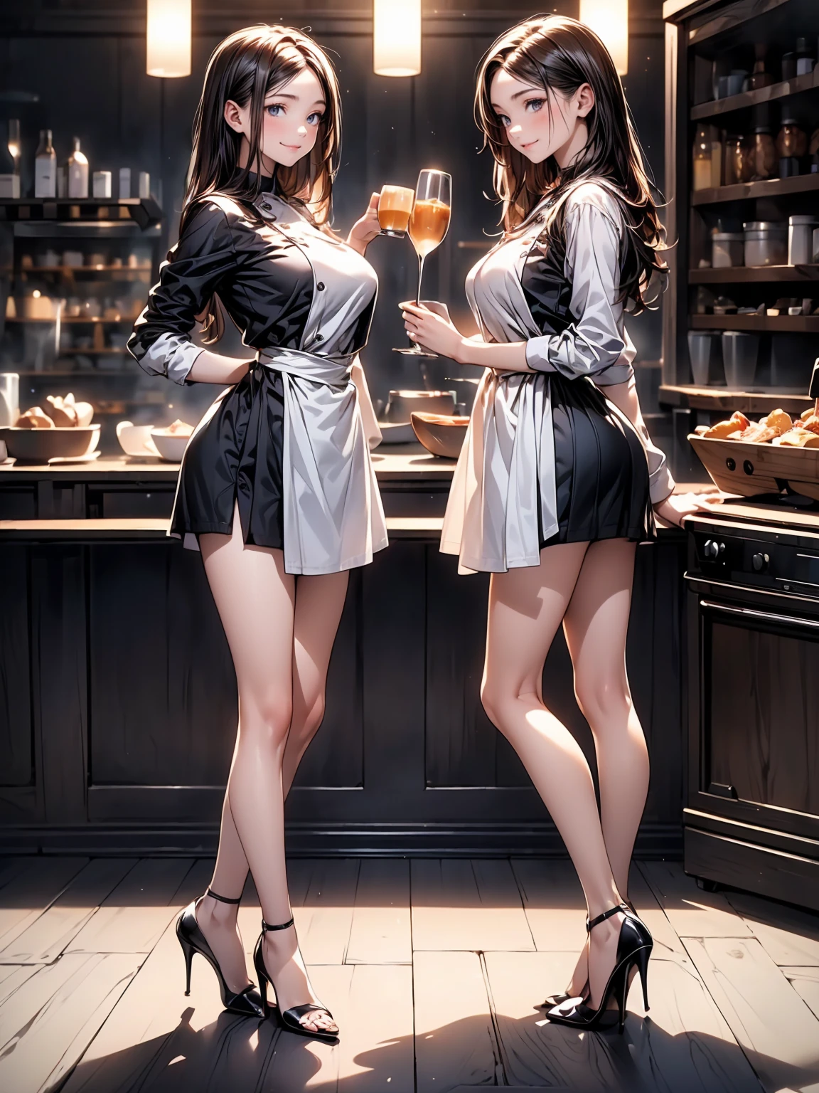 (masterpiece:1.3),(best quality, highest quality),((Full Body Shot,Including face)),()1girl,4K,masterpiece,((Focus on the face)),((Symmetrical facial features)),Beautiful woman,(Slender),((High heels,Patterned stockings with straps)),Detailed depiction of the face, Cafe clerk ,bar counter,profile,Long skirt,Slenderな女性,Cafe uniform,Age 25,(Wiping the dishes:1.5)