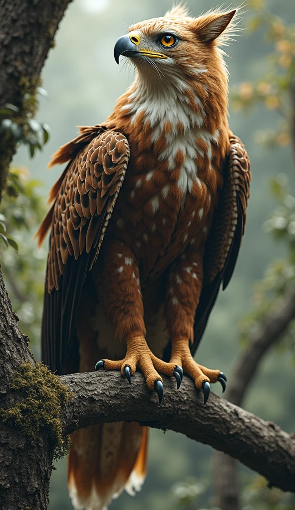 “A fierce eagle with the body of a housecat perched on a tree branch, eyes glowing with wisdom.”