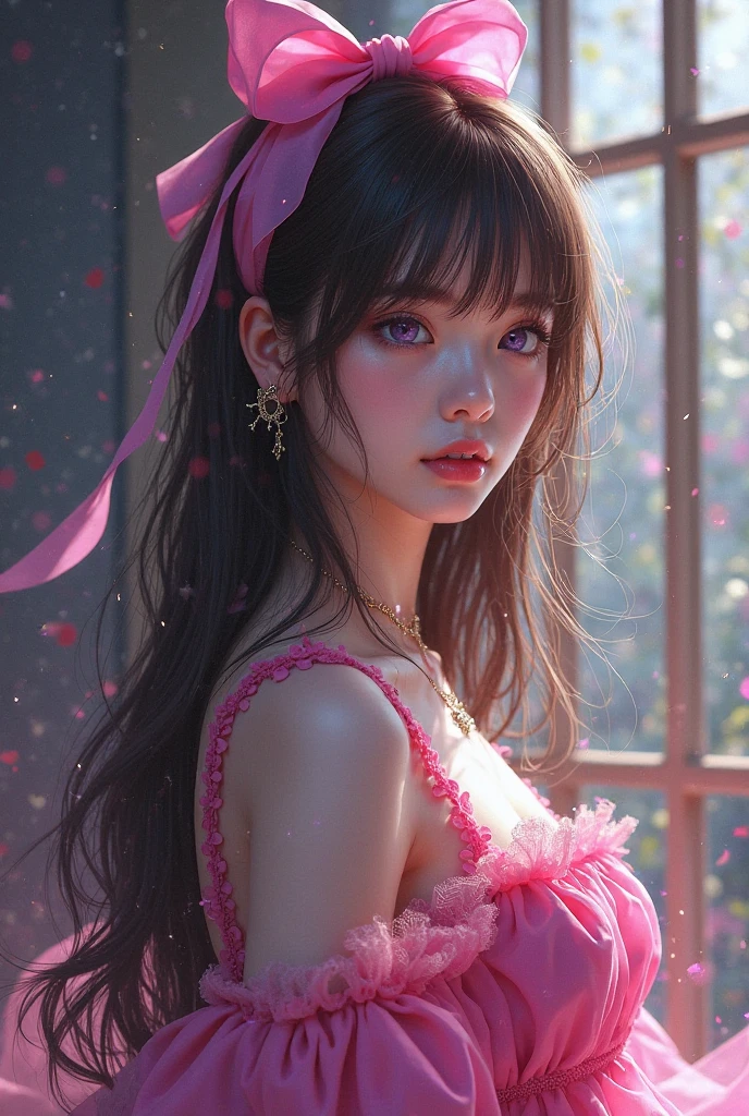 ((Best Quality)), ((Masterpiece)), (Detail: 1.4), 3D, Beautiful Cyberpunk Female Image, HDR (High Dynamic Range), Ray Tracing, NVIDIA RTX, Super Resolution, Unreal 5, Subsurface Scattering, PBR Texture, Post-Processing, Anisotropic Filtering, Depth of Field, Maximum Sharpness and Sharpness, Multi-layer Texture, Albedo and Highlight Mapping, Surface Coloring, Mitsu-Accurate Simulation of Material Interactions, Perfect Proportions, Octane Rendering, Two-color Light, Large Aperture, Low ISO, white balance, regular three-point, 8K RAW, beautiful bright pupils, off-the-shoulder clothes, fine pupils, delicate face and eyes, long eyelashes, blush, delicate and fluffy hair, pink lips, pure, cute, sweet girl, artistic sense, casual wear, high-end sense