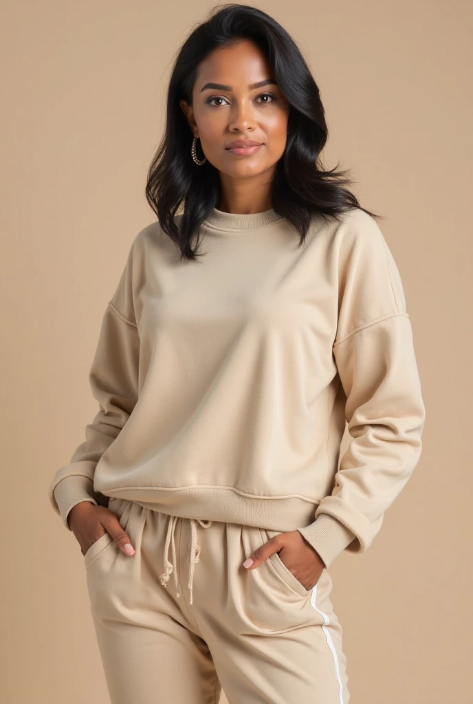 a young indian woman, in a modern living room, wearing a plain white sweatshirt, 2:3 ratio, golden hour, modest, fashion, model, standing facing the camera looking at the camera, model, fashion, realistic, photography,