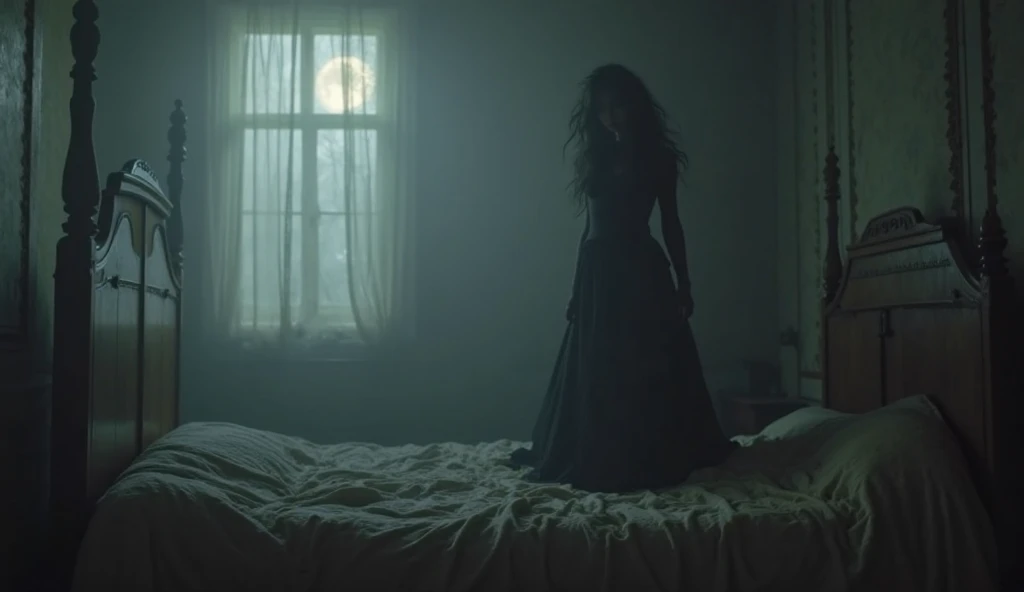 A Haunted hotel room,sexy girl,dark light,candles, horror window,night time