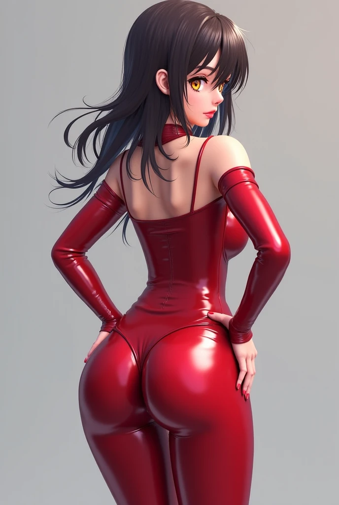 (full body),masterpiece, highest quality, One girl, Violet Par,  Long Hair, Black Hair,  Hair on one eye,  (Red hero suit)，Red bodysuit，black elbow gloves，Black Thigh Boots，Thick thighs，Place one hand on hip，Squat，Spread your legs，Dynamic Angle, (From behind,Bent over, Looking Back),Simple Background 