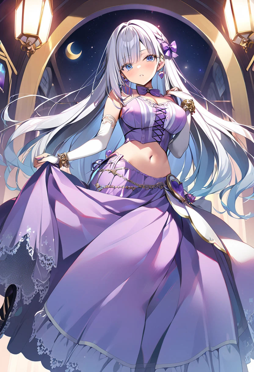 ((anime moe artstyle)),(Masterpiece),(Best Quality), (Super Detail),Illustration,((Very Delicate and Beautiful)),Focus on character,Dynamic Angle,Looking at viewer,(((Solo))),((Full body)),(((one gorgeous princess in jeweled ball gown with a voluminous skirt))),detailed face and eyes,jewel-like eyes,(Very Long Hair),gorgeous embroidery and lace,See-through,ornate ruffles,(gigantic breasts,Long breasts),jeweled ball gown,lift up the hem of dress,(gorgeous ball gown with a voluminous skirt),
