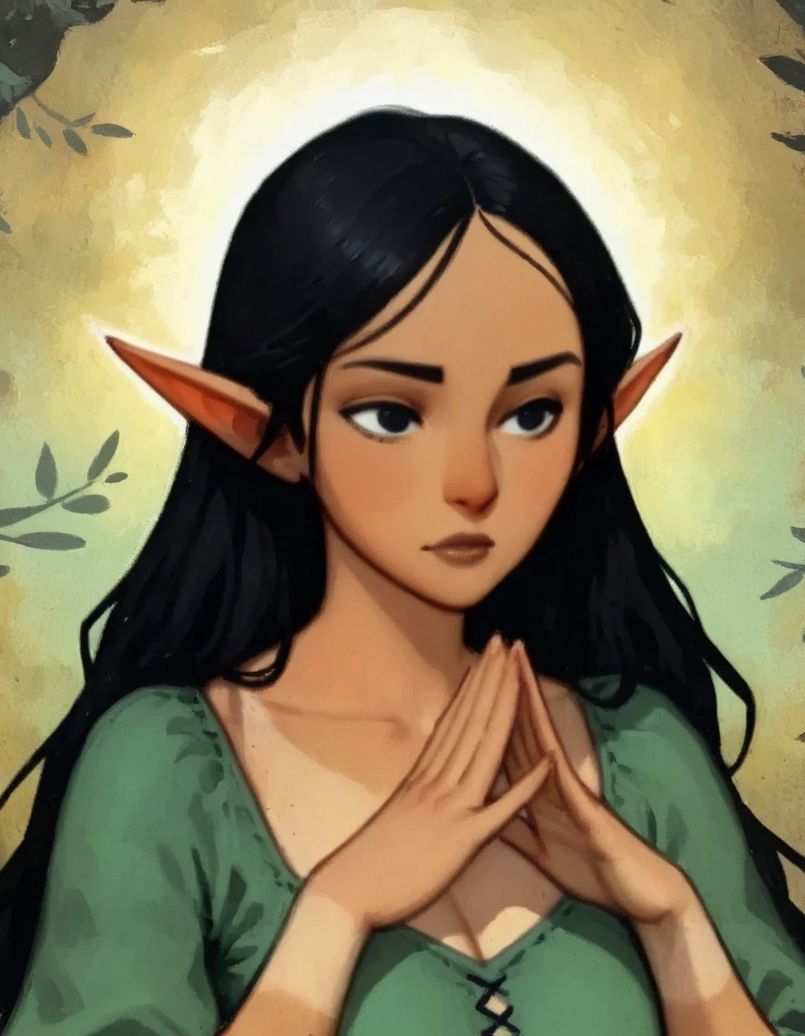 drki, 1girl, gorgeous elf, delicate round face, vibrant tanned skin, perfect hands, black eyes, medieval clothes, fantasy aesthetic, painterly illustration, gouache painting, soft illustration, 2d art, abstract background, masterpiece, best quality, xss, ExpresHGothicNeonIncase, Smooth Quality, sevenseven, vivid, gradient, smooth, semi-realism