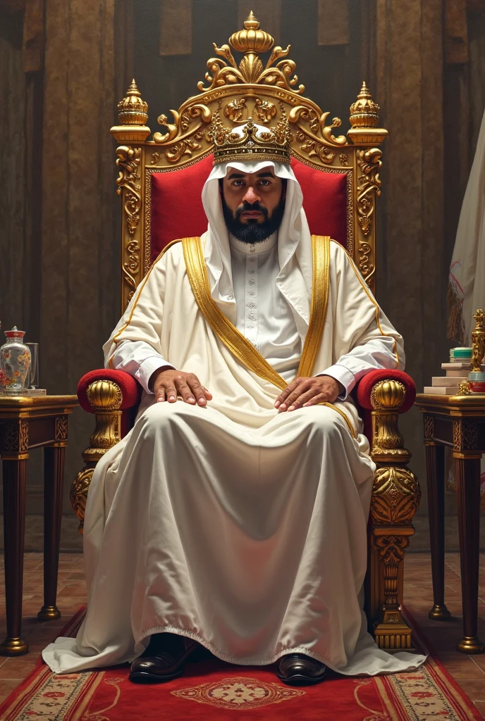 Young man wearing Moroccan clothes sitting on the presidential chair