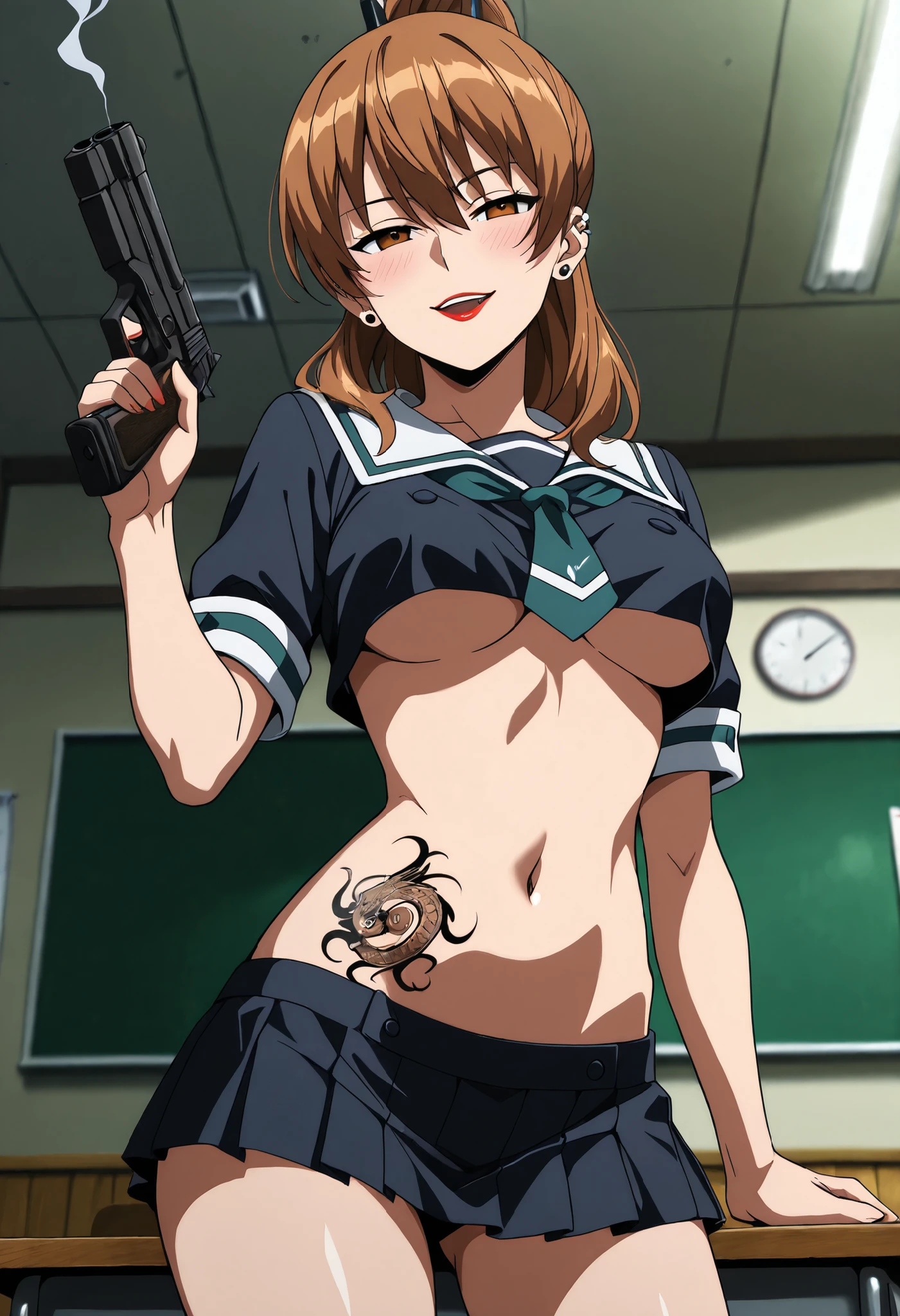 masterpiece, best quality, newest, solo, 1girl, s3ryu, , looking at viewer, , long hair, brown hair, ponytail, brown eyes, ear piercing, long hair, lipstick,Hot girl, baddie, smoking, sensual, attractive ,masterpiece, best quality, highly detailed, a girls in sailor uniforms with a gun posing for a picture, evil
smile, smile, open mouth,black_serafuku, (nsfw) not safe for work, ecchi style, high school girls, holding
a gun, hold a gun, micro skirt, exposed belly, exposed navel, exposed midriff, holding pistol,underboob,
exposed lower belly,school, classroom, blush ,medium breasts, waist dragon tattoo, narrowed eyes, tattoo waist, anipai_style , anime screencap , anime coloring,