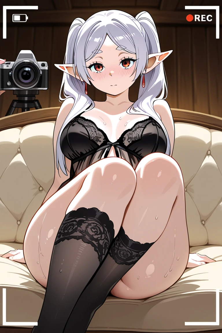Masterpiece, Finest, Indoors, in bed, One girl, Silver hair, Bob haircut, Ahoge, Spread legs, Whore, Mole under eye, Pointy ears, Horny, Aqua eyes, Eye shadow, Big breasts , one breast out, black lace underwear, bra top only, sideways - tie bra bottoms, tie side panties, bare feet, no legwear,