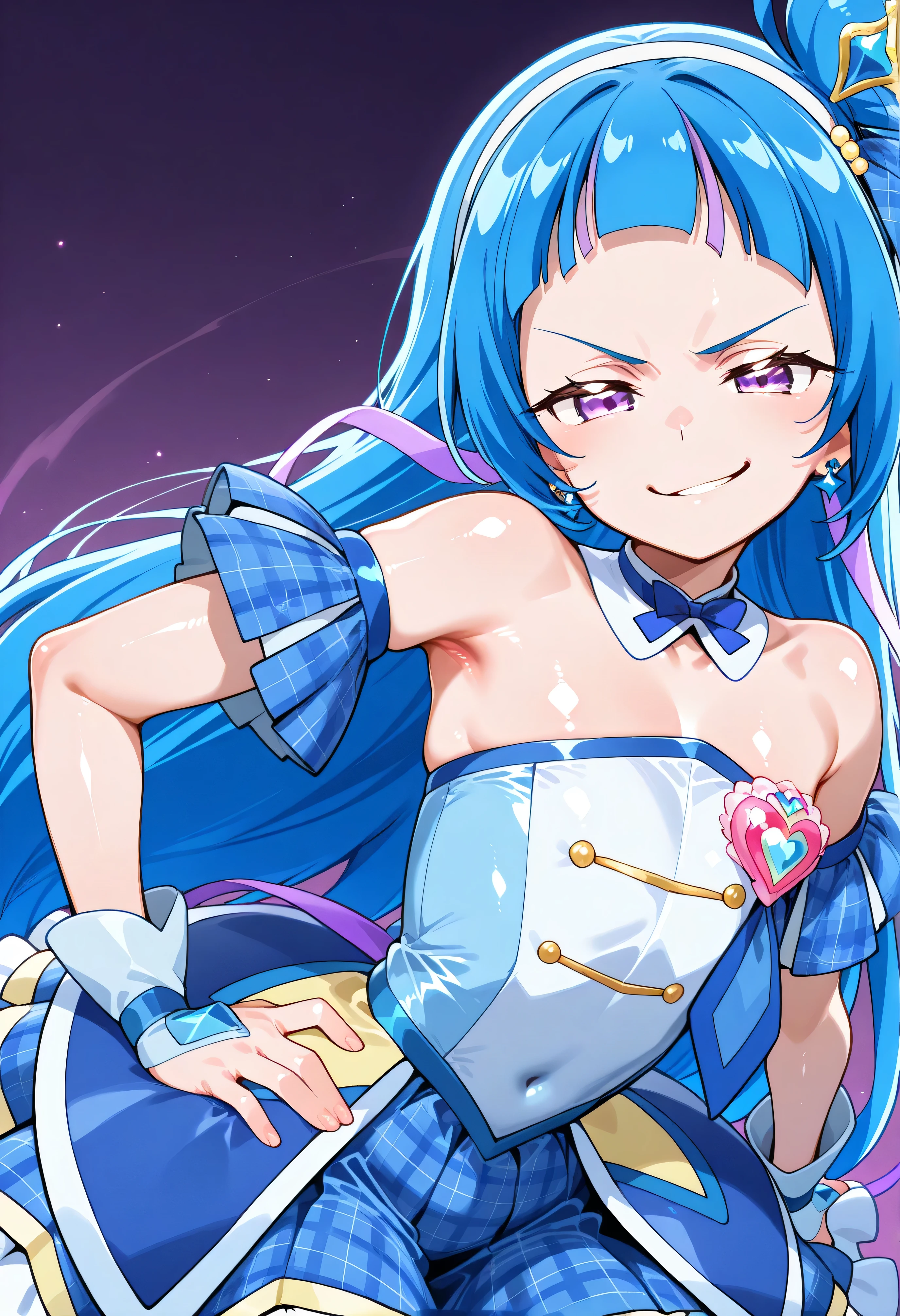 、 Look Down、from below、 break、Cure Wink、cure winks 、Idol Kimi and Idol Pretty Cure Blue Hair、Magical Girl、 mini crowns、purple eyes, blue dress ,slanted hat,very long hair,Dull bangs,bare shoulder,headband,,,nsfw,(smirk:1.9),lewd,最高品質,非常に詳細な画像,シングル,1人の少女(shiny skin:1.5),