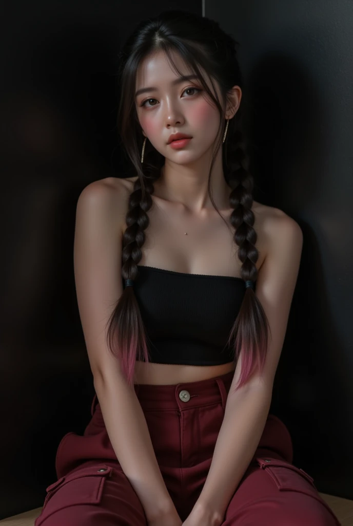 ((best quality)), ((masterpiece)), ((best quality)), ((masterpiece)), ((detailed)), Ridiculous resolution, high resolution, (masterpiece:1.4), Hyper-detailing, a european girl. ((Sleeveless wool black sweater)). Black background. Standing. ((Brown hair)). She has bangs in her hair. Standing. ((Dark blue eyes)). ((Tiny braids)).