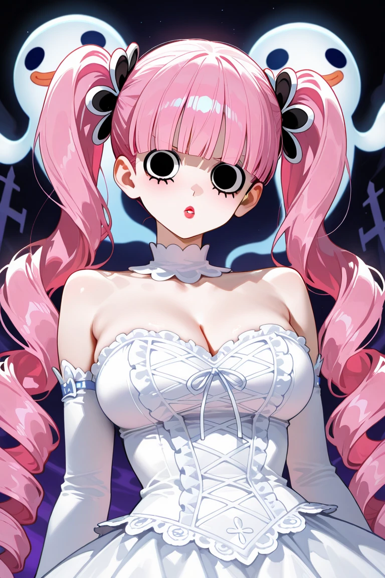 realistic, close up, score_9_up,score_8_up, (perona), 1girl, solo, black eyes, pink hair, long hair, hair drill (sweaty), (big nipples:0.4), big breast, (((black outline))), dynamic pose, hands, sunset, choker, dress,
