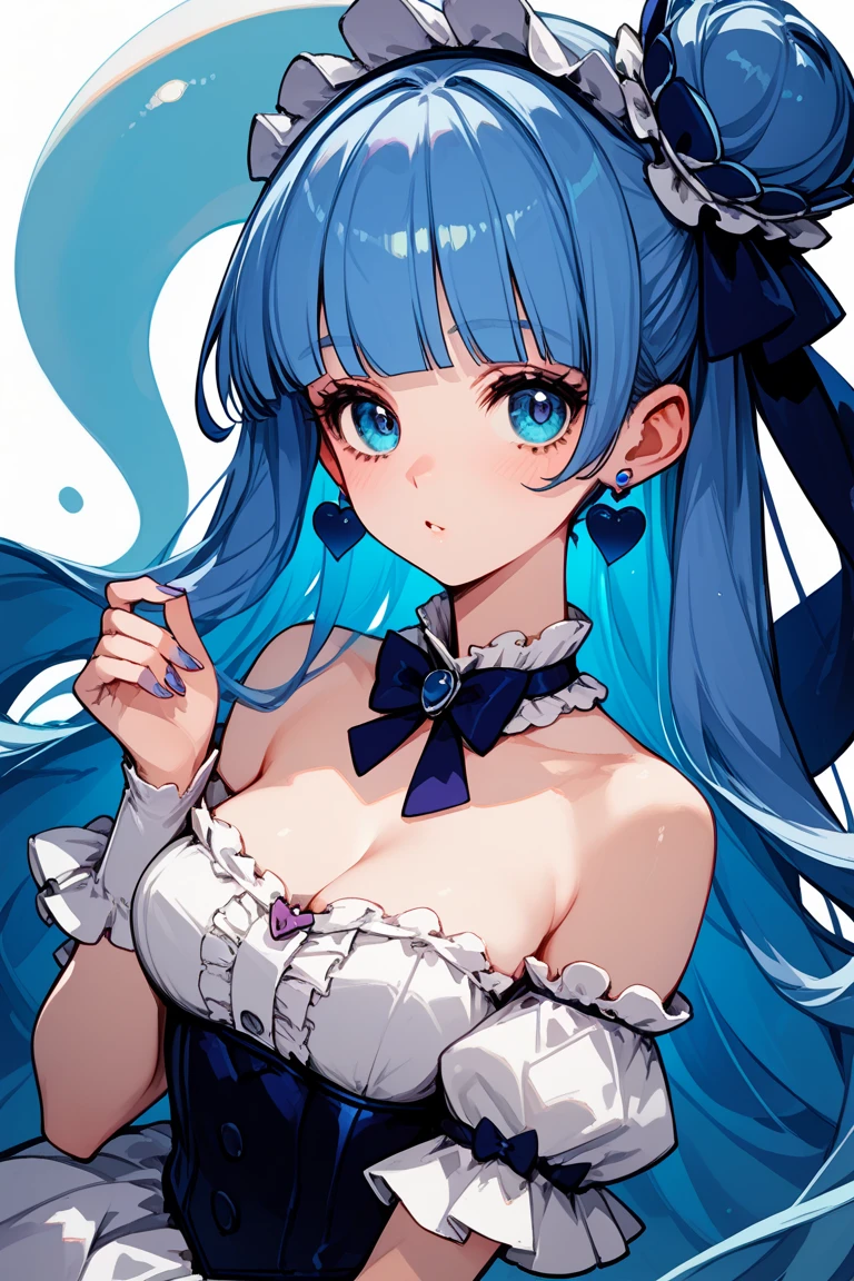 (artwork, best quality) a girl with long blue hair, blue eyes, blue eyelashes, big breasts, white sailor suit with captain's hat, bare legs, pretty face, exciting, sexy posing, cute eyes, 4k hd, perfect body, in a room