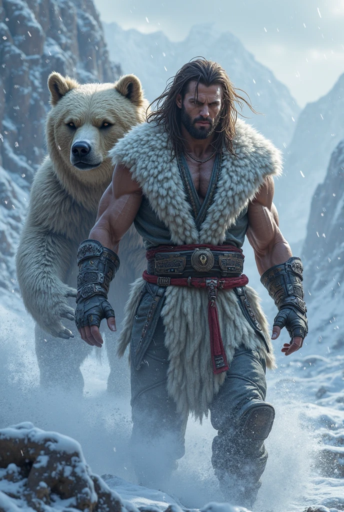 A rugged barbarian warrior, detailed muscular body, long hair, fierce expression, fighting a ferocious white Bengal tiger, in a frozen mountain wasteland, dramatic action poses, intense strife and struggle, realistic textures, volumetric lighting, cinematic composition, moody atmosphere, epic fantasy