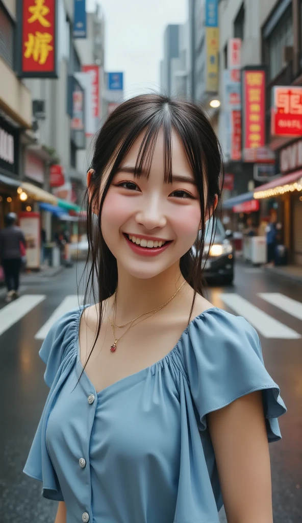 1 girl, Tokyo Street, night, cityscape, city lights, upper body, close-up, smile, (8k, RAW photo, top quality, masterpiece: 1.2), (real, photoreal: 1.37), sitting in fashionable cafeteria Look here Smiling gently, tea and cake on the table, The road surface is made of bricks and draws a very beautiful pattern, There are many tenant shops around the café, the city is bustling, there are many trees and fountains in the vicinity, the water from the fountain is getting into the photo frame a little.