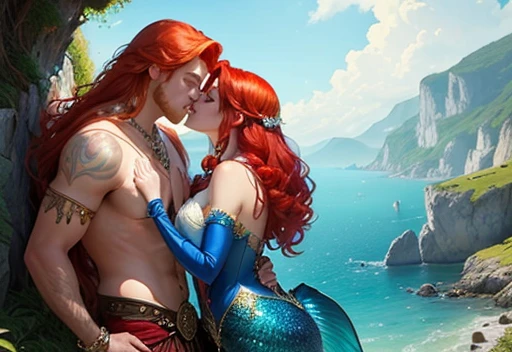 cute 20 year old mermaid queen with red hair wearing a yellow mermaid bra and a crown, she is being held in the arms of her strong and handsome merman king husband with blue hair and a crown in the ocean inside the water, sun is shining, beautiful mermaid, beautiful detailed human face, alluring eyes, elaborated mermaid tail, serene, masterpiece, full body shot, highres, high resolution, high quality, intricate details, extremely detailed, incredible details, full colored, complex details, insanely detailed and intricate, extremely detailed with rich colors. masterpiece, best quality, HDR, UHD, unreal engine, High quality, gorgeous, glamorous, 8k, super detail, gorgeous light and shadow, detailed decoration, detailed lines, glittery, fantasy, pretty colors, anime style, couple picture