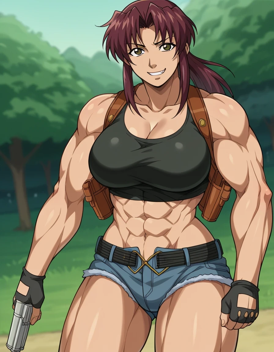 One woman、cool、sexly、Adult sex appeal、solo、Tall Woman、Strong muscles、Brown Hair、Muscular and strong、Brown eyeuscular Woman、Toned body、looking at viewer、Cowboy Shot、Female focuagazine、Wicked Smile、Big Breasts、cleavage、collarbone、midriff、naval、A woman with very large breasts、Possession of a gun、Pistol、pistol、ponytail、Black sports bra、Fingerless gloves、Denim shorts、sports bra with an black、holster、belt、up to date、sports bra and denim shorts only、Are standing、