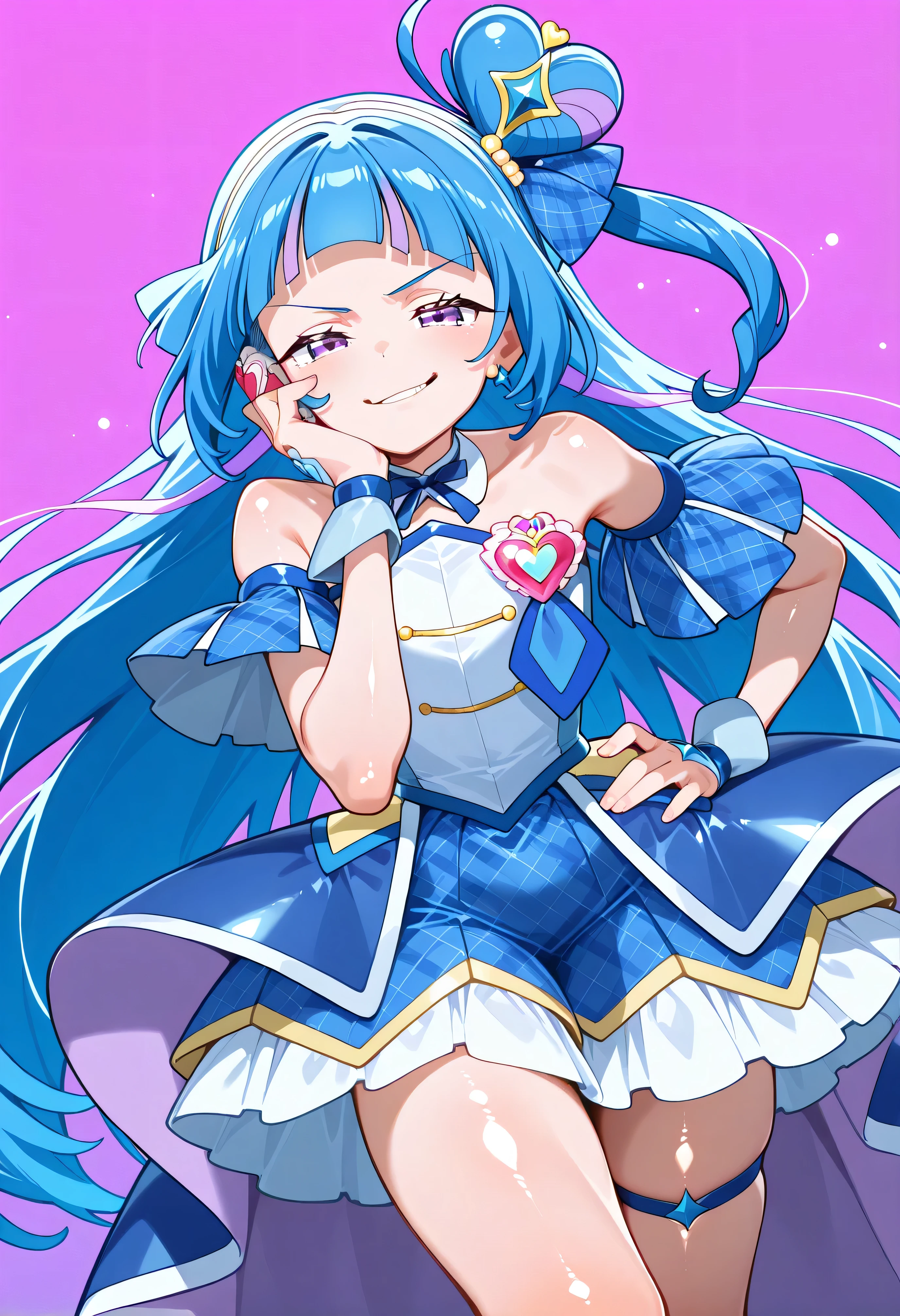 、 Look Down、from below、 break、Cure Wink、cure winks 、Idol Kimi and Idol Pretty Cure Blue Hair、Magical Girl、 mini crowns、purple eyes, blue dress ,slanted hat,very long hair,Dull bangs,bare shoulder,headband,,,nsfw,(smirk:1.9),lewd,最高品質,非常に詳細な画像,シングル,1人の少女,(shiny skin:1.5),