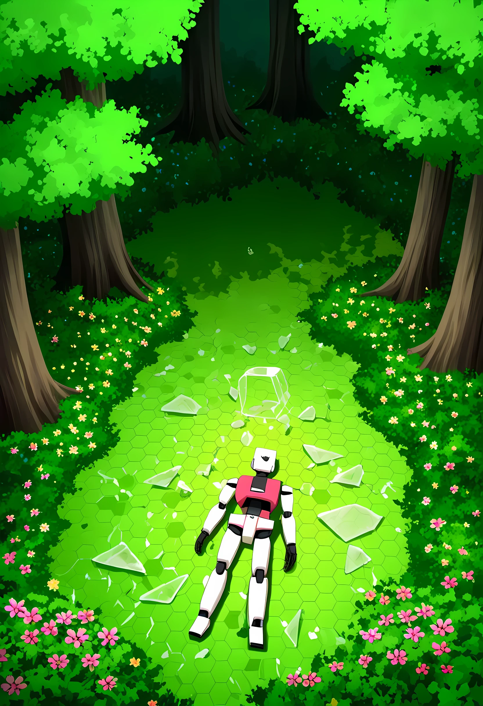 robot, lying on forest floor, tree canopy above casts shadows、 flower, green plants, hexagonal,circuity,(black eyes:0.5), glass shards,empty eyes