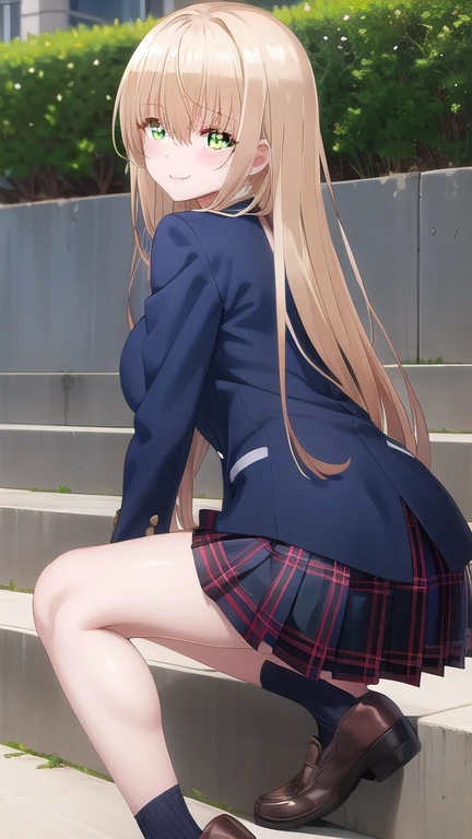 (1) Composition looking from below at a woman climbing the stairs.
(2) women's skirts are short、Blue lace panties are almost visible.
(3) That woman is a high school student, She is wearing a uniform of a blazer, miniskirt, and loose socks..
(4) woman has long blonde hair.
(5) The woman's expression is looking back with a grin on her face..
(6) Women wear gal makeup because they are gals..
(7) The location is the stairs of the station.