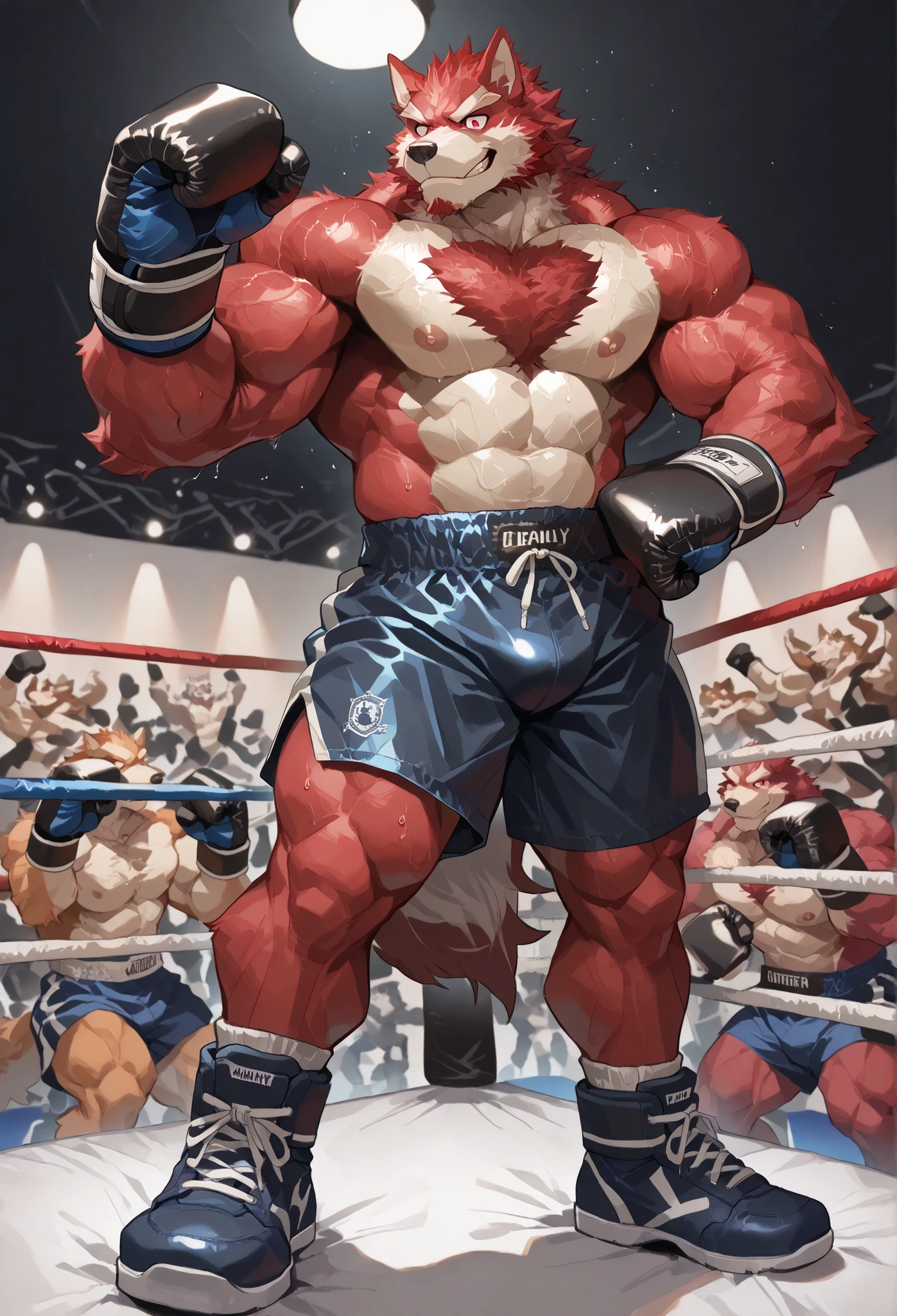 4K, masterpiece quality, pov_boxing, Looking down on the losers, black boxing shoes, dark navy boxing gloves, navy black boxing shorts with gold side lines, bulge, full body, depth of field, boxing, proudly pose, hands on hips and one arm raised pose, boxing ring background at midnight, diederich olsen, wolf heavywait boxing champion, gay, furry male, red fur, red eyes, red public hair, bulging heavy muscular, thick veiny arms, carmly looking down on loser, carmly expression, proudly smile, bedroom eyes, large pectorals, sweaty body, Angle of the loser looking up from directly below,