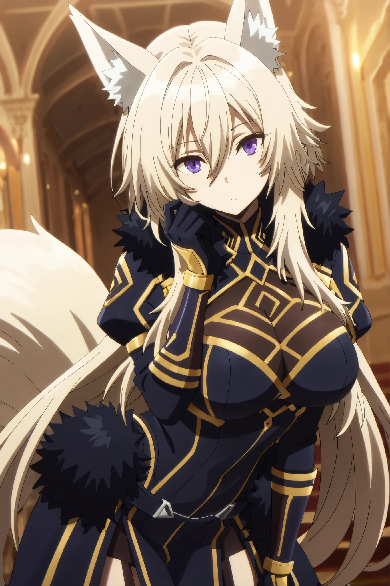 masterpiece,Highest Quality,high resolution,very detailed,Zeta\(kage no jitsuryokusha ni naritakute!\),animal ear、purple eyes、golden hair,tail