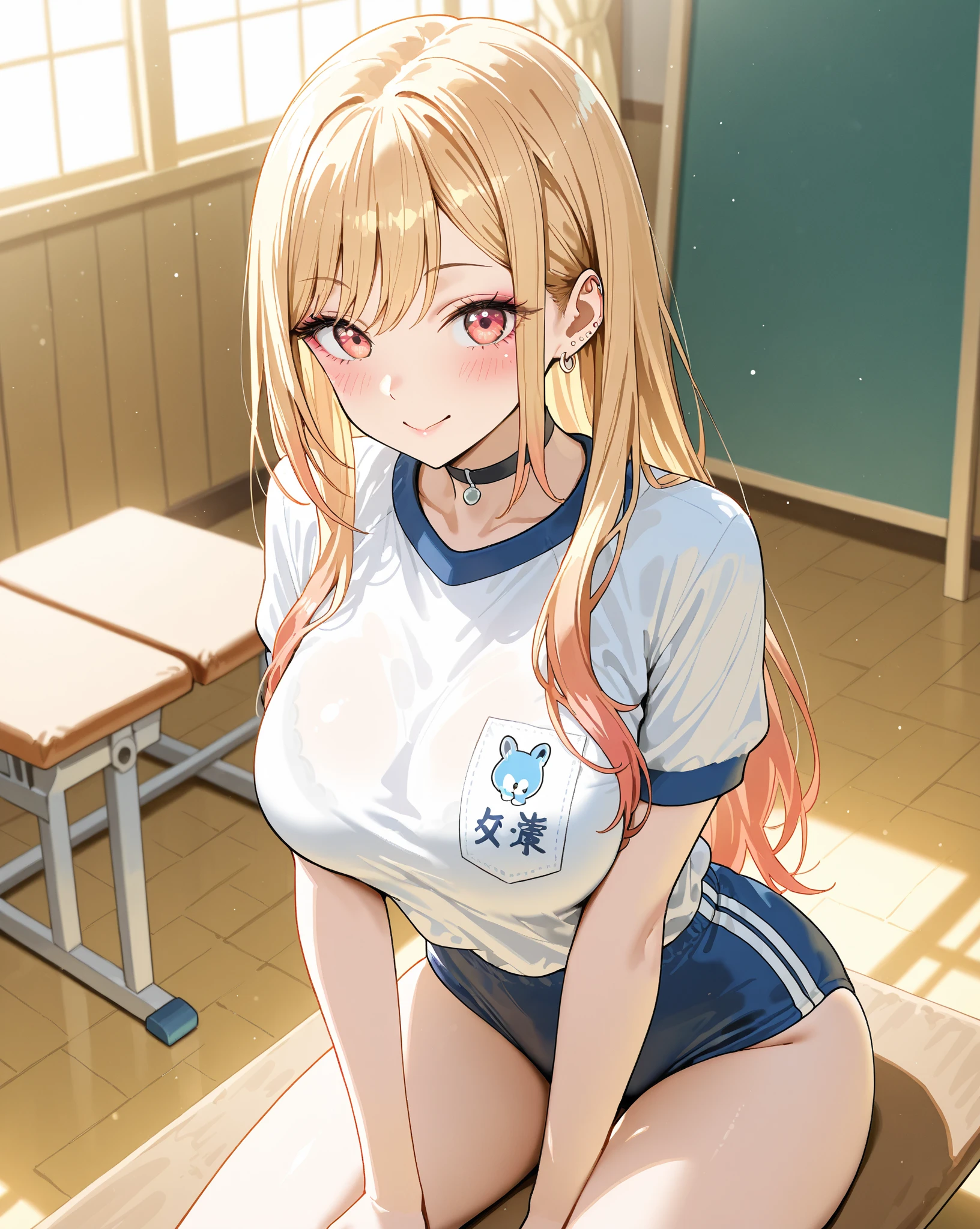 1girl, guinaifen \(honkai: star rail\), side ponytail, gym uniform, buruma, kneehighs, sneakers, wariza, from above, wooden floor, blush, glaring, depth of field, masterpiece