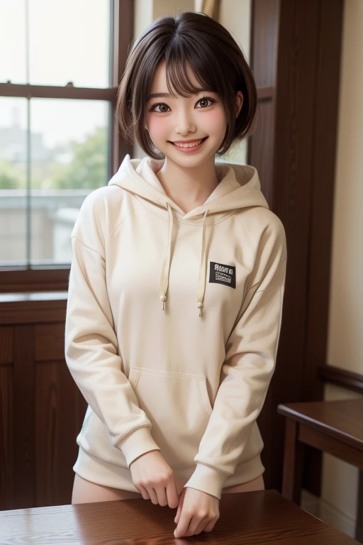 detailed face, cute face,brown eye, master piece , best quality , highly detailed , (matured female) , hand in pocket , hoodie , short denim , smile , japanese