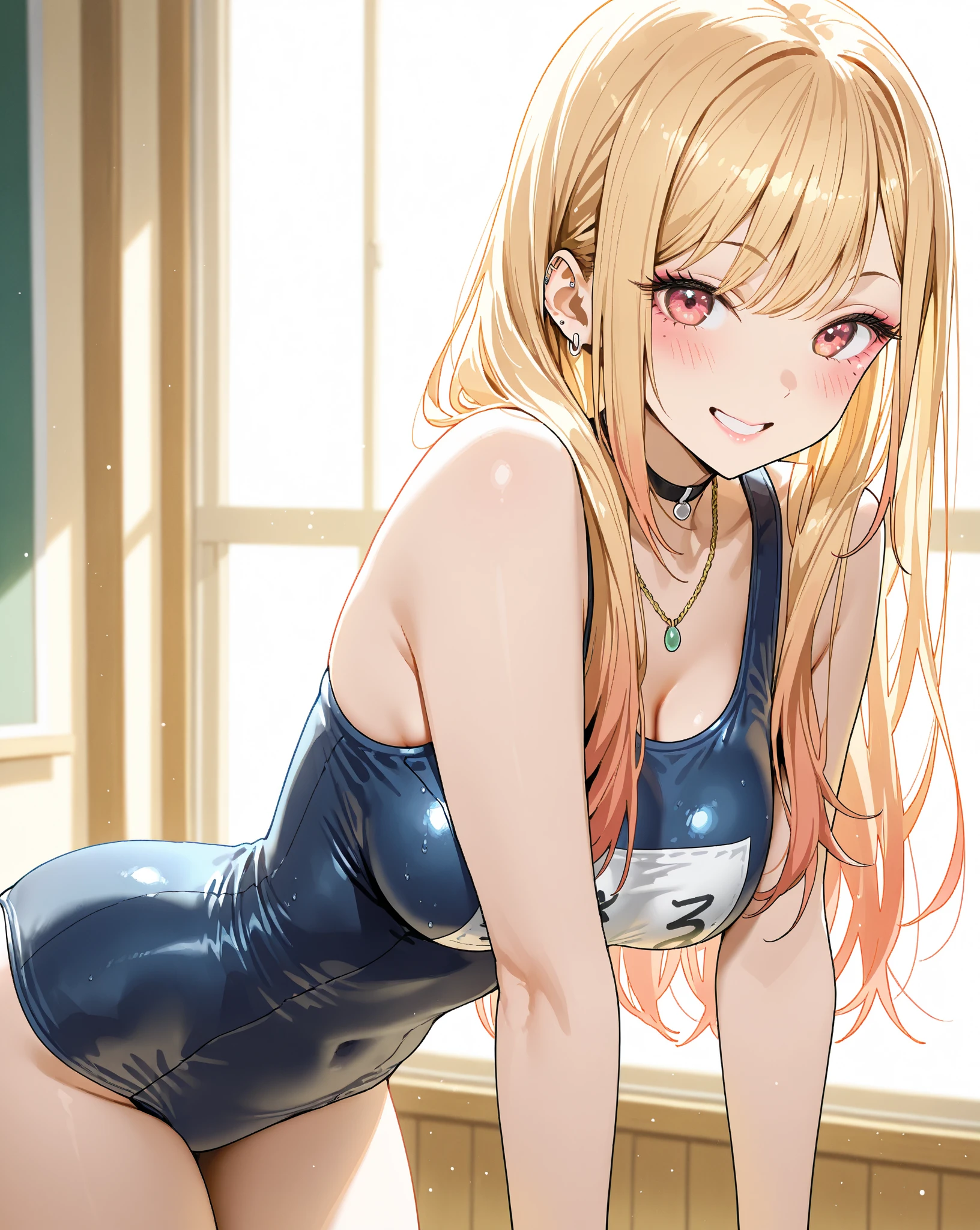 a smile、Anime girl in black swimsuit with goggles on her head, wearing a swimming wear, Seductive Anime Girl, misa amane *, Swimsuit, ( ( misa amane # ) ), Smooth Anime CG Art, charming anime girls, Anime Waifu, blonde anime girl with long hair, anime moe art style, pixiv 3dcg, (Anime Girl), Rin, swim wears