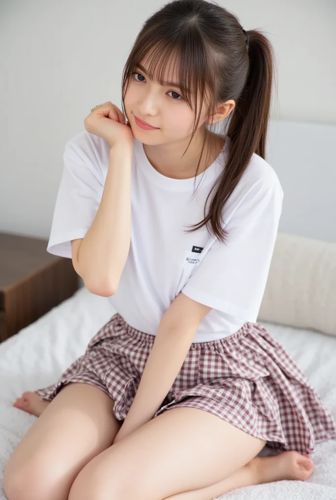 Japanese,,Baby Face、Ultra-flat chest、Ultra short height、An innocent smile、Flat Chestのクローズアップ、Flat Chest:1.85、cute,Primary school students,Pink Apron、Summer clothes、So small and so young、On the bed:1.85、She gives me good morning kisses:1.85、She spread her arms