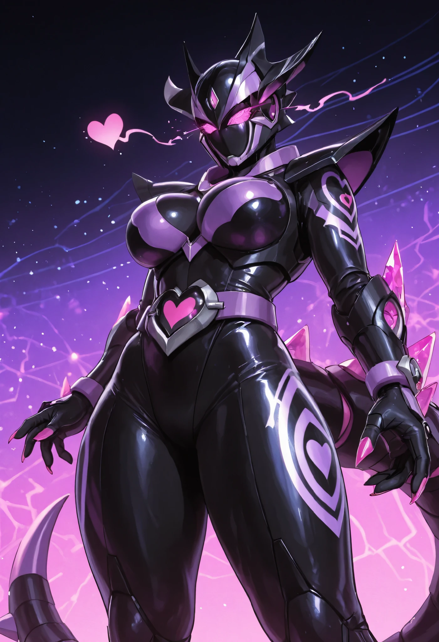 Dark UltraWoman. (high quality)(luster)((Black Face and red eyeline))(Black and purple thema color. black helmet. A full-face helmet. Pink lines. Purple glowing mechanical eyes. The whole body is covered with a black bodysuit. Thick legs. Spike decoration. Pink lines all over the body. Heart tattoo . purple coloreye. pink glow crystal. pink sharp claw. Night background.