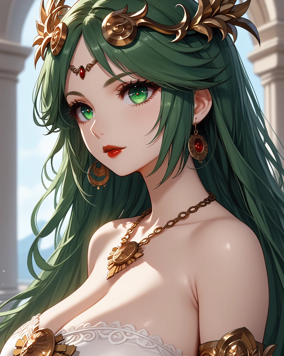 Anime, High-resolution illustrations, unrivaled masterpiece, ultra-realistic 8k CG, perfect artwork, (fidelity: 1.5), ((night)), cloudy, Very beautiful girl, mature, (solo), long wavy hair , silky green hair, sparkling emerald eyes, (slit pupils:1.4), huge, (curvy), seductive pose, seductive body, (natural makeup), (green eyeshadows), large breasts:1.2, (Compressed chest:1.5), (tempting body), ((flowing, sheer white dress that is tightly draped over her busts making them bulge out. The dress is shoulderless, secured with golden accessories, including a decorative belt or chain around her waist)), necklace, character in the middle, standing, lake near palace, seductive smile, lipstick
