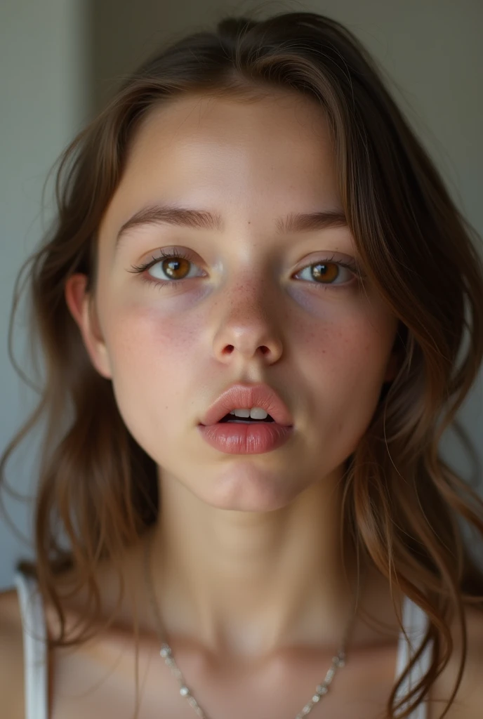 really pretty 18 years old girl. Brown hair. Innocent face. Straight looking to the camera. Facing the camera. Light brown  eyes. Freckles. Unique face. Thin face. Beautiful eyes. Thick eyebrows. Pretty filled lips. Fat lips. Thin nose. Freckles and nice skin 