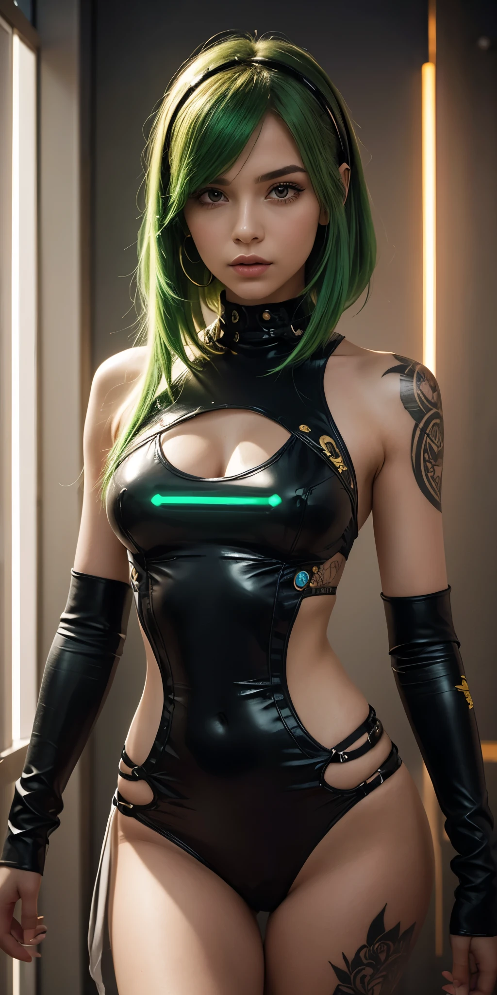 Space pirate, sexy Female alien, teal skin, green hair, black spikes on spine