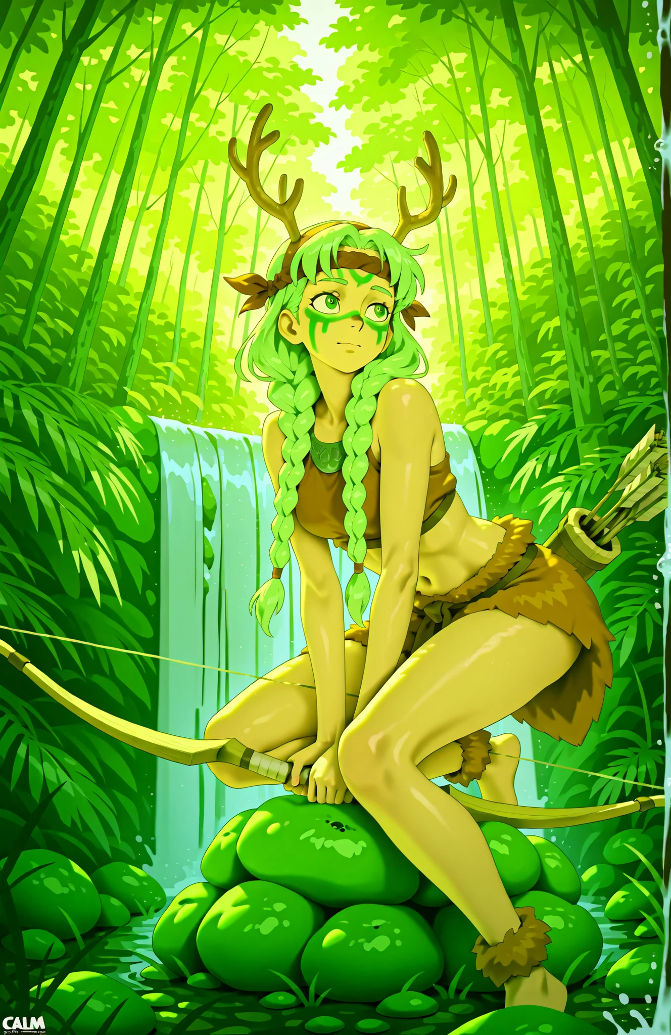 A woman with long green braided hair, fair skin, holding a large wooden hunting bow, wearing animal furs and leathers, a headband with antlers, green face paint, bare midriff, calm expression, crouched, in a forest during the day next to a waterfall, natural lighting, alone, SFW, in full view in a highly detailed anime style