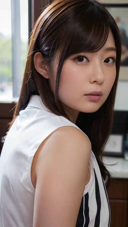 (top-quality, 16K, masterpiece:1.3), (ultra detailed), (masterpiece), (best quality), Highest quality, Realistic, Surreal, Highest quality, Extremely detailed CG, Very delicate, 16K wallpaper, High resolution, A woman in a management position at a prestigious company, 38歳, beautiful woman, ((Silky hair:1.2)), (beautiful short hair:1.2), BREAK ((upper body:1.5)), ((look into the viewer's eyes:1.5)), ((looking at viewer:1.5)), ((Front view:1.5)), ((from front:1.5)), BREAK ((thin lips:1.5)), ((orgasm:1.5)), ((ecstasy:1.5)), ((mole under eye:1.2)), ((UNTITLED business suit:1.2)), ((Very simple necklace)), With a large window Japanese office, ((Working at desk:1.5)), Japanese, slender body, very detailed, detailed fingers, detailed hands, detailed eyes, detailed legs, accurate and perfect human anatomy, real human skin,