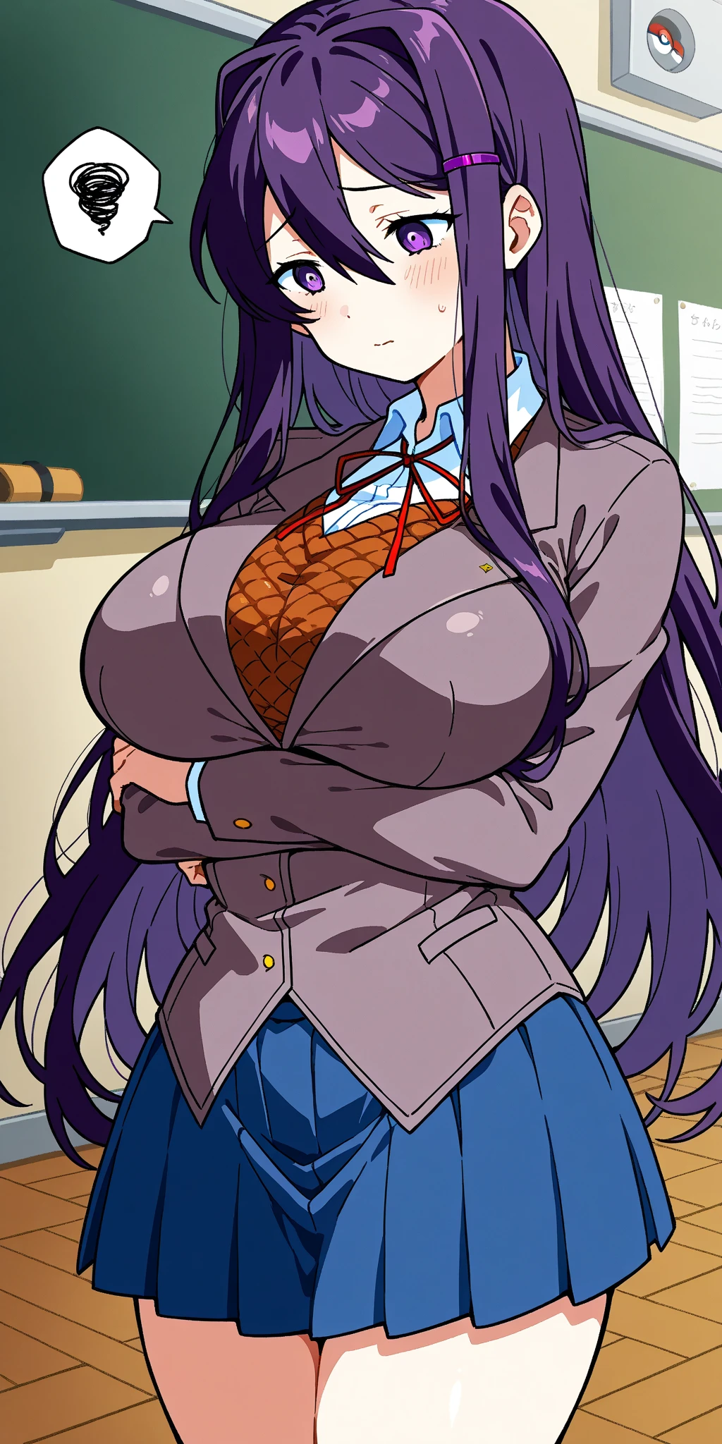 Asaki Igawa(Taimanin Asagi)、Black Hair、Long Hair、Green Eyes、Huge breasts、high school student、smile、Nipple piercing、School、classroom、lingerie、Squat