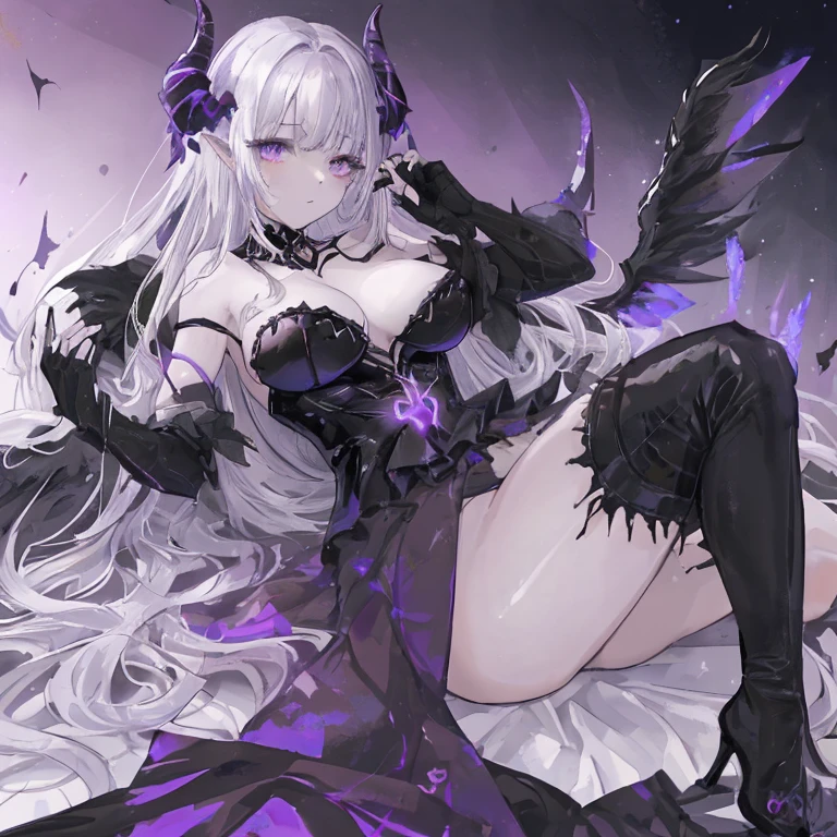 Divinasitting girl statue, white hair, long sideburns, long fangs, glowing red eyes, claws, small round breasts, cleavage, thin waist, (((like a jack queen, sitting imposingly, sarcastic smile, platform heels, thick thighs) )), dark low-light scene where only a beam of light enters through the ceiling, {extremely detailed 16k CG unit wallpaper}, expansive landscape photography, (a view from below with focus on the character and setting), (wide open field view), (low angle shot), (high light: 1.2), (low light: 1.5), (warm light source: 1.2), complex details, (iridescent colors: 1.5), (illumination bright), (atmospheric lighting), dreamy, unique,