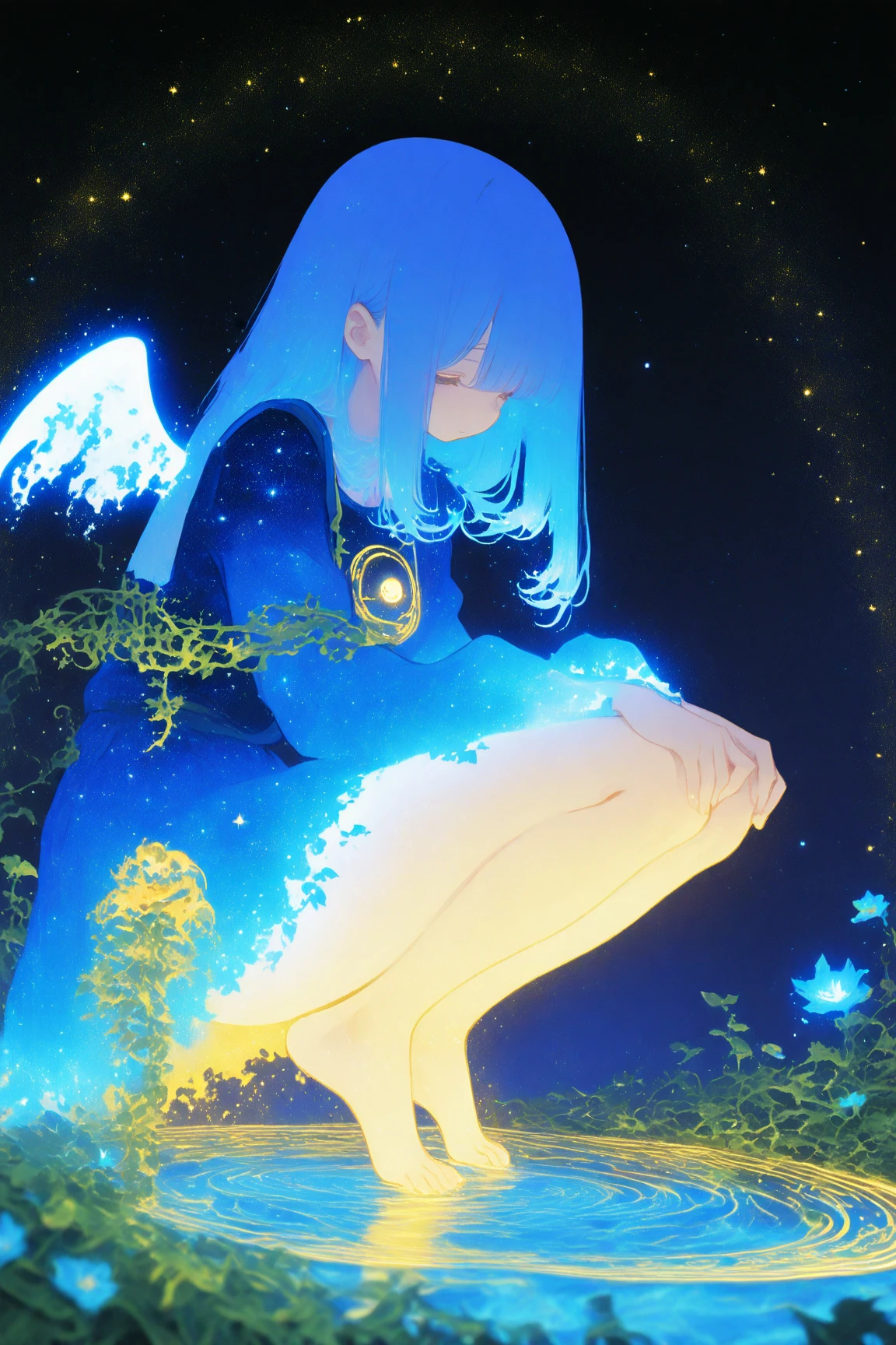 Whimsical illustrations depicting glowing fairies drawn on a dark blue background,I'm wearing a galaxy dress, Delicate golden accents in flowing blue hair, A pair of mysterious wings that shine in a golden color similar to leaves and vines,The wings are very big,Overall, the atmosphere is ethereal and dreamy,The fairy girl is crouching down while holding her knees,妖精は小さな発光浮遊生物やお化け👻などの神秘的な要素に囲まれている,flower, And the stars, golden glow ,The dark background is the entire scene It creates a contrast that accentuates the vivid colors scattered around and the brilliance,evokes a sense of magic and wonder,Dreamy psychedelic anime, Anime Art Nouveau, space display , animated film, Mysterious still images,bare feet