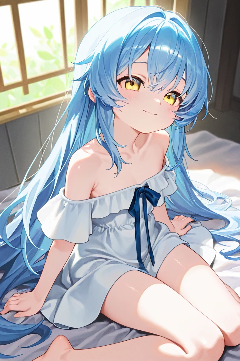 score_9, score_8_up, score_7_up, source_anime,
konosubaaqua, aqua, long hair, blue eyes, hair ornament, very long hair, blue hair, hair rings, single hair ring, hair bobbles,
skirt, shirt, thighhighs, bare shoulders, detached sleeves, white thighhighs, blue skirt, blue shirt, green bow,
indoors, stable, hay, sleeping, blanket,
looking at viewer, cowboy shot, dutch angle, naked, see-through clothing, wet clothing, wet body, shy facial expression