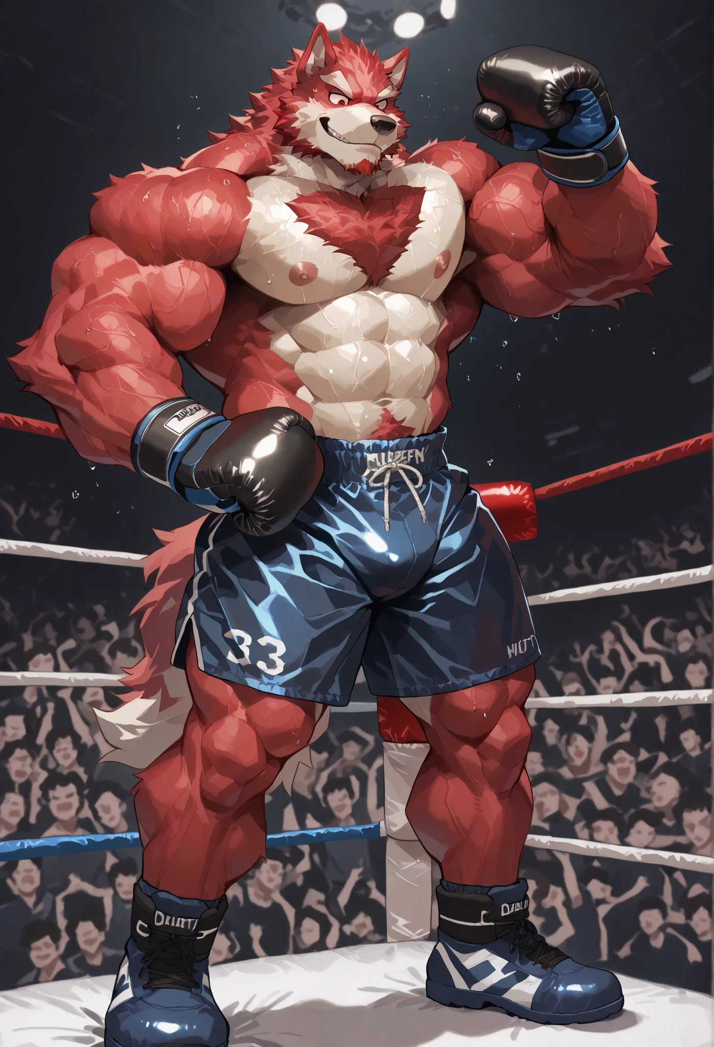 4K, masterpiece quality, pov_boxing, Looking down on the losers, black boxing shoes, dark navy boxing gloves, navy black boxing shorts with gold side lines, bulge, full body, depth of field, boxing, proudly pose, hands on hips and one arm raised pose, boxing ring background at midnight, diederich olsen, wolf heavywait boxing champion, gay, furry male, red fur, red eyes, red public hair, bulging heavy muscular, thick veiny arms, carmly looking down on loser, carmly expression, proudly smile, bedroom eyes, large pectorals, sweaty body, Angle of the loser looking up from directly below,