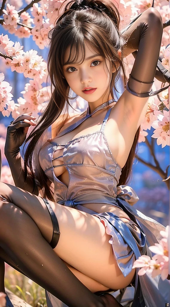 Blue sky and white clouds,Yunshan is far away,pink flowers,Cherry tree,Hanfu woman,Phoenix Crown Tiara、Detailed embroidery、Wearing Hanfu pantyhose、Wearing sleeveless Hanfu、Transparency is clearly visible、Look, it’s huge、raw,(8k、quality、masterpiece:1.8)、(intricate details:1.8)、(Realism:1.8)、Octane number renderings、Complex 3D renderings with ultra-details, Studio soft lighting, edge light, Vibrant details, Super details, Realistic skin texture, Details, beautiful eyes, Very detailed CG Unity 16k wallpaper, cosmetic, (Detailed background:2.0), skin glowing、spread your legs,Camel toe showing thigh!!!、
