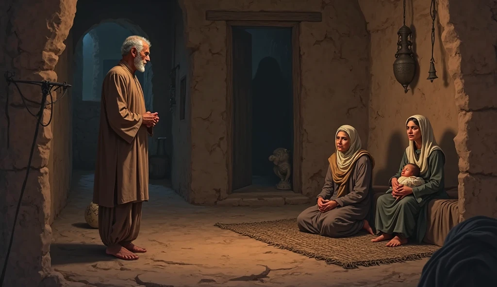 Animated image of a weak old Muslim woman sitting talking to a young man dressed in Muslim clothes in front of a small and rickety house that she wants to see the Kaaba in Mecca.