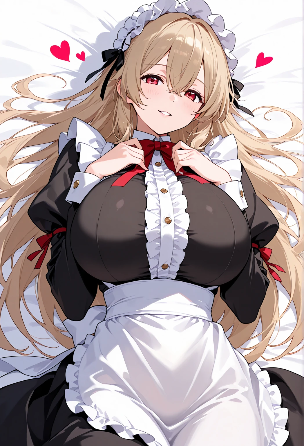 (One girl)、(shoulder length hair)、(sidelock)、((Blonde))、(slan eyes)、（boyish）、cute、(Big super breasts)、((Chubby))、Maid、No sleeve、mini skirt、White sleeveless、thigh-high socks thighhighs、(long gloves)、hairs between eyes、(coarse hair)、[flipped hair]、red eye、expressionless、one eye closed、arm behind back、White Background、