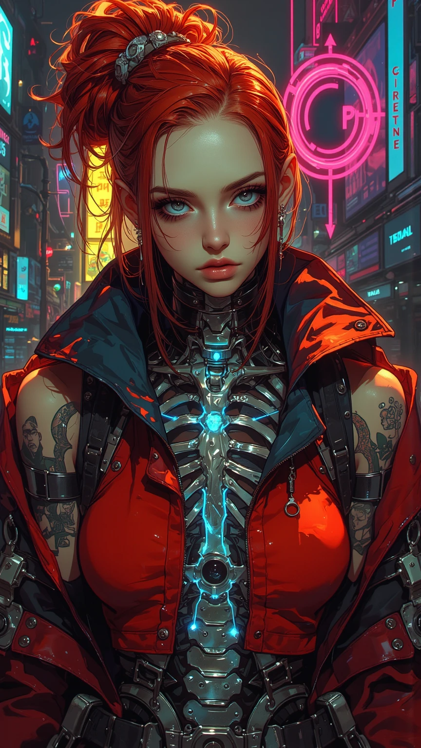 Cyberpunk, damged, robot, dead robot, wires, lose a part of her face in war, wires came out in the lose part of face, trashed, cyberpunk damged, trashed in a big garbge, red hair