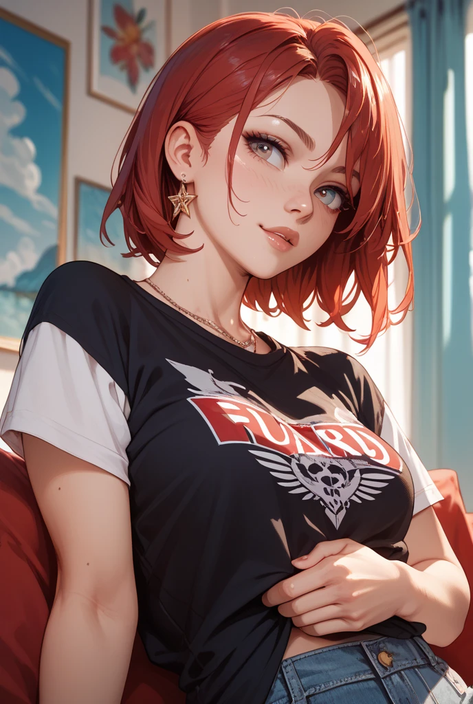 (masterpiece), best quality, 1female, 23 years old, she has short flowing light RED hair, hair straight, (short hair: 1.5), (red hair: 1.35), (messy hair), red eyebrows, brown eyes, (large breasts: 1.35), (thick thighs: 1.35), (wide hips), big chest, curvy girl, well shaped body, (white skin: 1.35), (((wearing sport clothing, black shorts and white baggy t-shirt))), (((plain t-shirt))), (loose t-shirt: 1.35), (living room, home, warm light background), (detailed background), 8k quality, wallpaper, high quality, Cinmatic lightning, happy, gentle face, expressive face, (detailed face), the face is well lit, (detailed eyes), beautiful eyes, (half-closed eyes), (grinning), big smile, (((full body shot))), (detailed body), (centered,scale to fit dimensions,Rule of thirds), highres,sharp focus,(ultra detailed,extremely detailed),(photorealistic artwork:1.37),(extremely detailed CG unity 8k wallpaper),(((vibrant colors,vibrant theme))), (((t-shirt without prints))), (white t-shirt: 1.35)