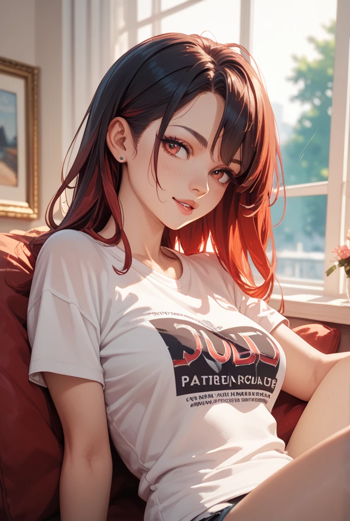 (1 girl), medium breasts, tan, moist skin, sweaty skin, by the wavy red, punk t-shirt, punk girl