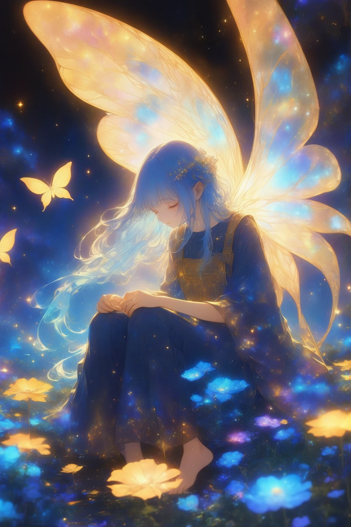 Whimsical illustrations depicting glowing fairies drawn on a dark blue background,I'm wearing a galaxy dress, Delicate golden accents in flowing blue hair, A pair of mysterious wings that shine in a golden color similar to leaves and vines,The wings are very big,Overall, the atmosphere is ethereal and dreamy,The fairy girl is crouching down while holding her knees,妖精は小さな発光浮遊生物やお化け👻などの神秘的な要素に囲まれている,flower, And the stars, golden glow ,The dark background is the entire scene It creates a contrast that accentuates the vivid colors scattered around and the brilliance,evokes a sense of magic and wonder,Dreamy psychedelic anime, Anime Art Nouveau, space display , animated film, Mysterious still images,bare feet