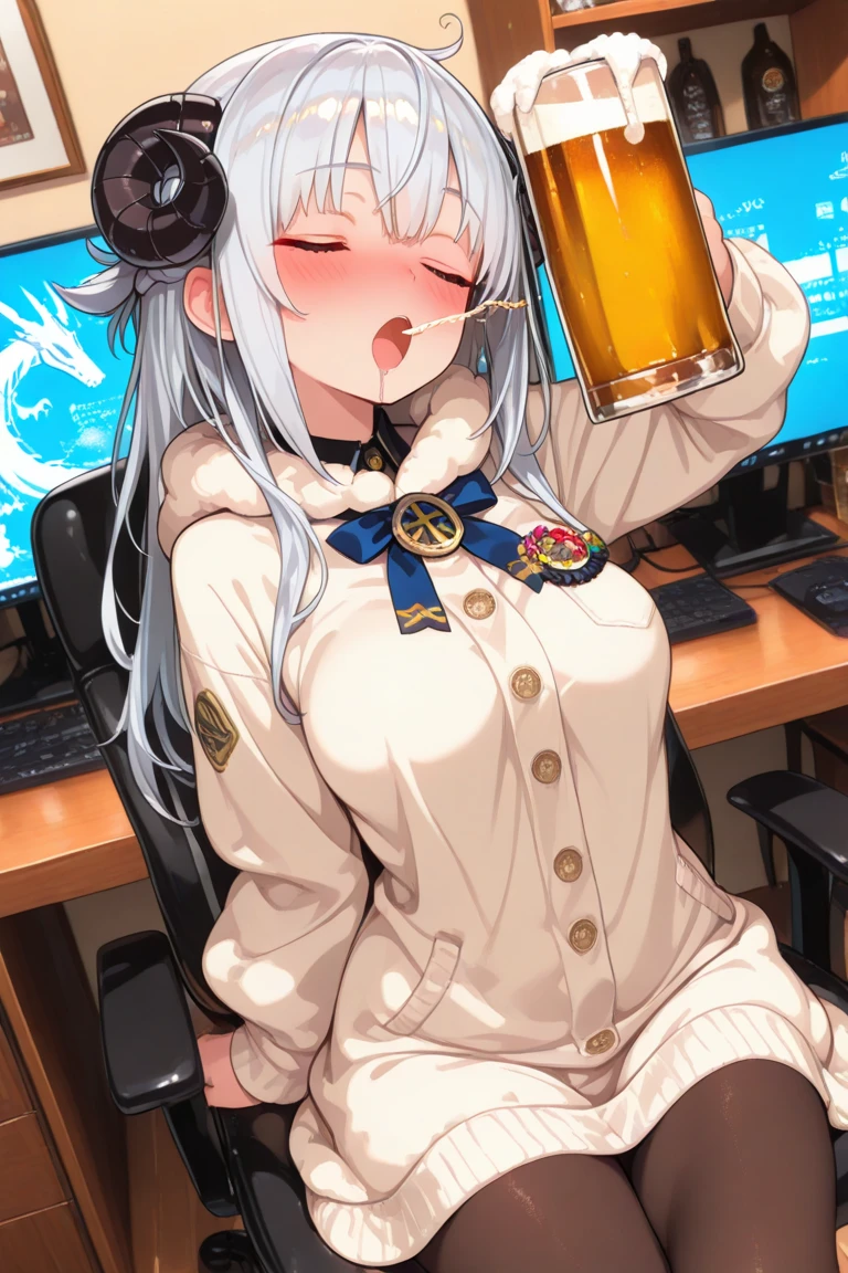 ((1 cyborg woman)),((huge breasts, bare breasts, naked pussy, naked, pissing all over herself)),((curvy woman)),((sitting on a chair in a computer room)),( (smoking a cigarette, smoking a cigarette, drinking a glass of beer)),((embarrassed face)),((bare breasts, with lots of bubbly hair, wearing a scientist's coat)),((long gray hair, eyes bright yellow colors)),((with an assistant,)),((facing the viewer)),