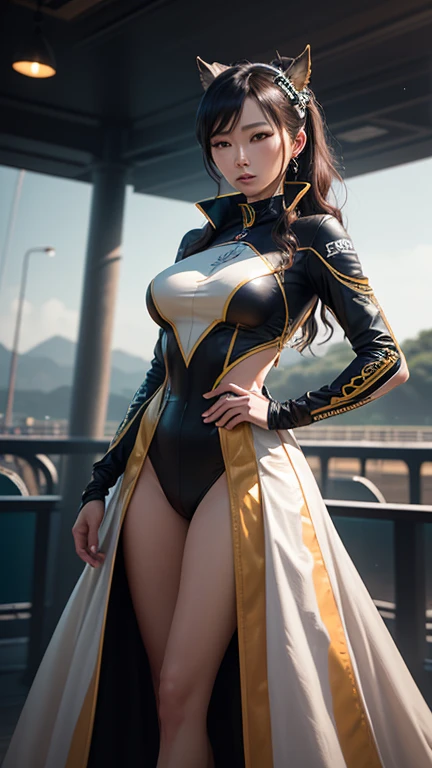 1girl,(ultra detailed skin),curvy,petite,beautiful breasts,large breasts,pale skin,pointy breasts,erect nipples,(fantasy art,Highest image quality,Hyperrealist portrait,(8k),ultra-realistic,best quality, high quality, high definition, high quality texture,high detail,beautiful detailed,fine detailed,extremely detailed cg,detailed texture,a realistic representation of the face,masterpiece,Sense of presence,Dynamic,bold),ponytail,(thin hair),(soft hair),(straight hair:1.5),Swept long bangs,extra light coppery amber hair,hair over one eye,((clothed:1.5),leather boots,leather gauntlet,(futuristic armor:1.5),(embroidered dress:1.5),(long silk sarong:1.5))),(seaside:1.5)