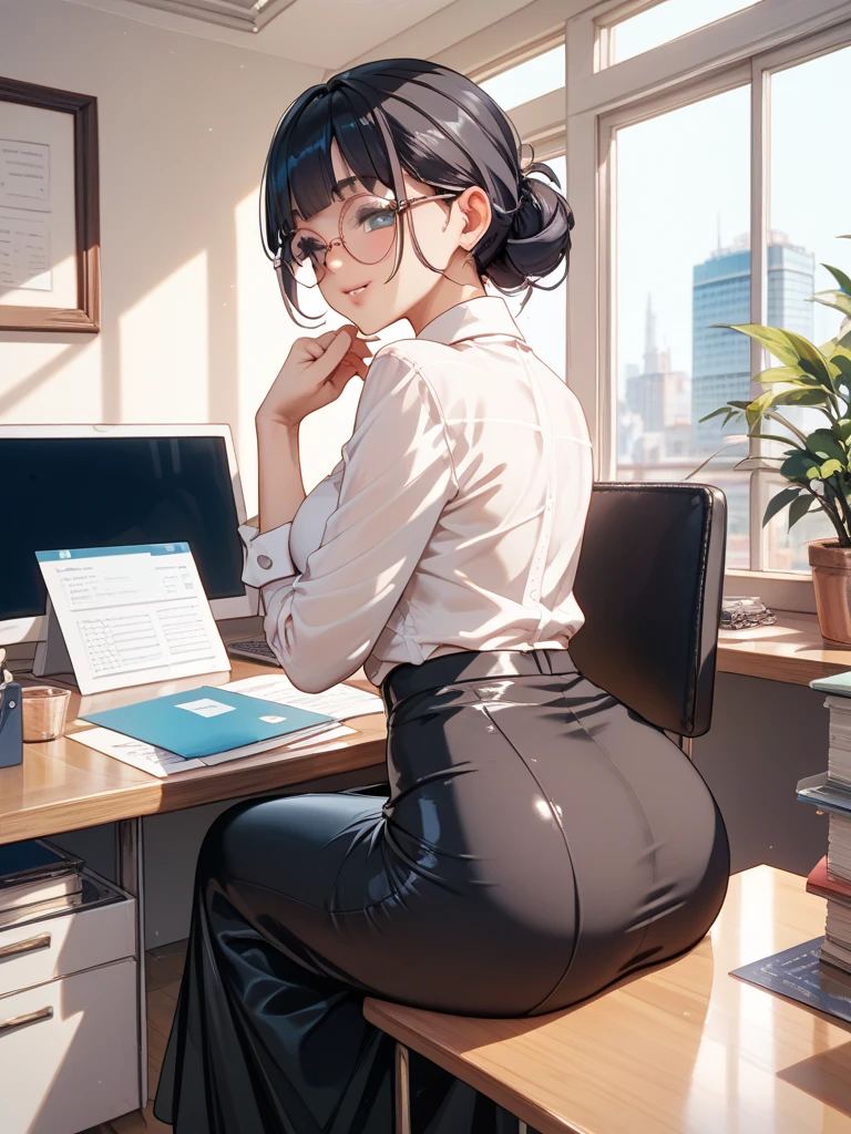 Purple shorthair Glasses shiny purple satin blouse black tight skirt stockings (Strap ID Card) 50 years old レッドルージュPlumpとした唇 round face Plump (eye contact) Office in a high-rise building sitting at the computer desk and looking back. sunset A talented female secretary who gives advice